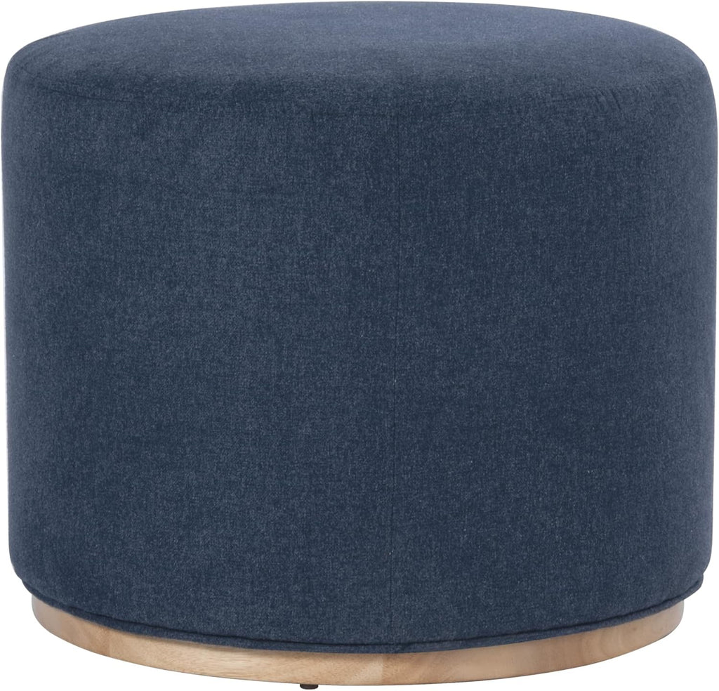 Spatial Order 22" Round Ottoman with Wooden Base - Blue Woven Fabric