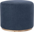 Spatial Order 22" Round Ottoman with Wooden Base - Blue Woven Fabric
