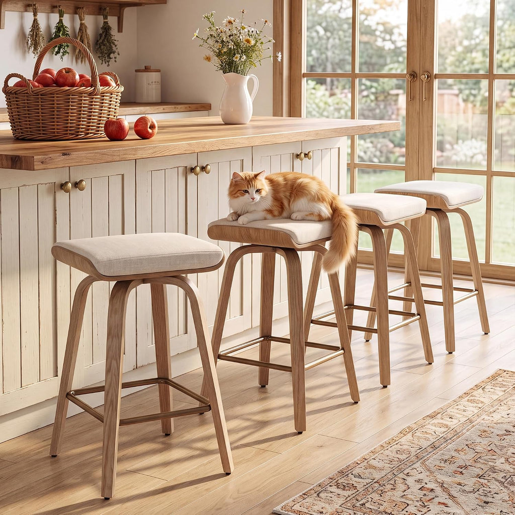 HNY 26" Swivel Bar Stools Set of 4, Backless Counter Height Bar Stools with Removable Linen Cushion, 360° Swivel Wooden Saddle Stools with Footrest for Kitchen Island, Home Bar & Small Spaces