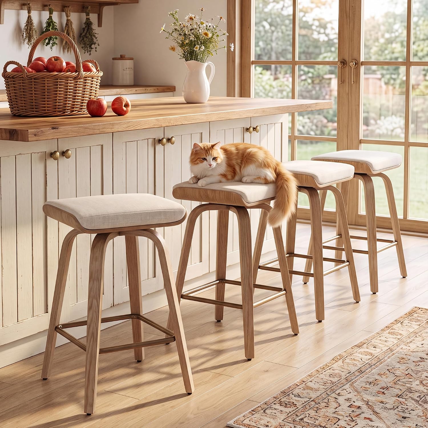 HNY 26" Swivel Bar Stools Set of 4, Backless Counter Height Bar Stools with Removable Linen Cushion, 360° Swivel Wooden Saddle Stools with Footrest for Kitchen Island, Home Bar & Small Spaces