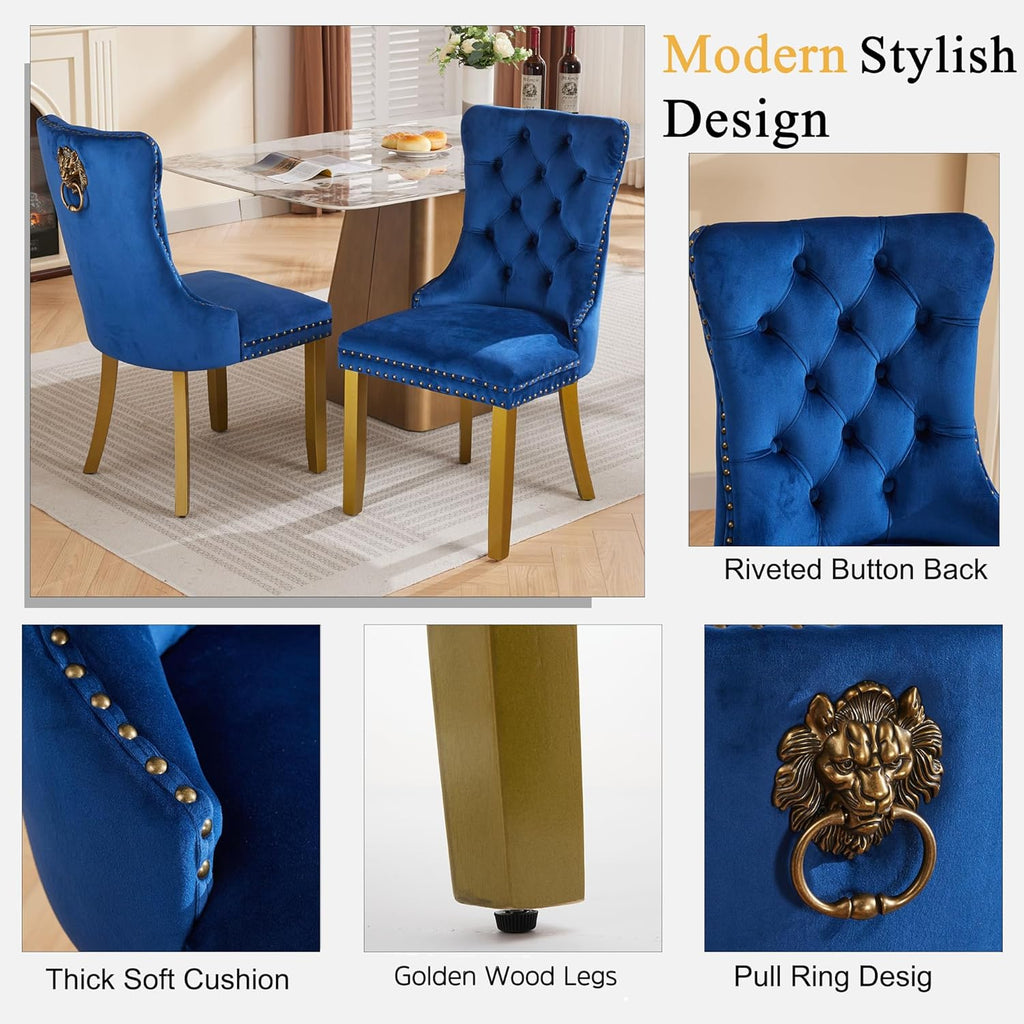 Round Glass Dining Table Set for 4, 47" Circle Glass Dining Table with Gold Metal Legs, Modern Kitchen Table Set for 4 with Velvet Chairs, 5 Piece Dining Table Set for Breakfast Dinette Party, Blue