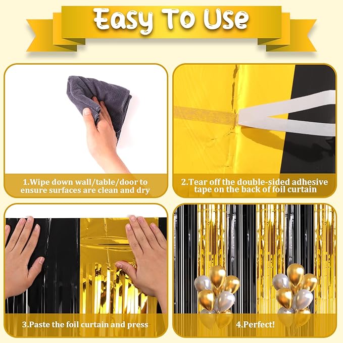 2 Pack Black and Gold Foil Fringe Backdrop Curtains, Tinsel Streamers Birthday Party Decorations, Fringe Backdrop for Graduation, Baby Shower, Gender Reveal, Disco Party