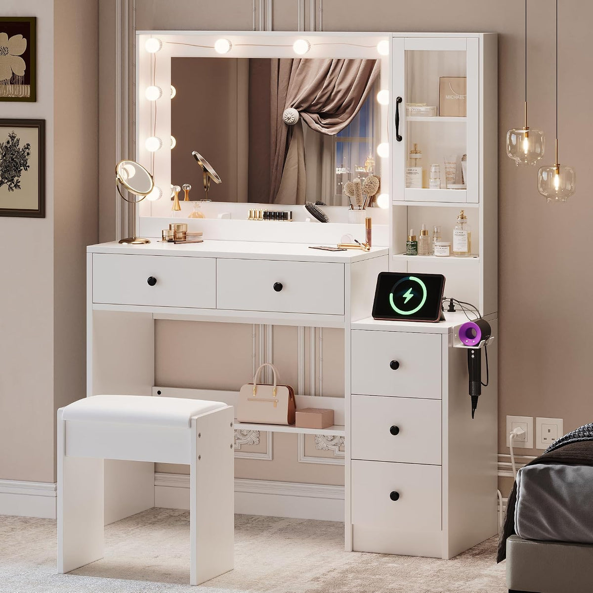 35.4” Makeup Vanity Desk with Charging Station, White Makeup Dressing Table with Mirror & Lights, 3 Lighting Modes Adjustable Brightness, Vanity Table with Power Outlet & 5 Drawers Round Handle