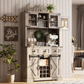 72" Kitchen Pantry Storage Cabinet with Hutch and Sliding Barn Door, Farmhouse Tall Buffet Cabinet with Drawers, Large Coffee Bar with Wine & Glasses Rack, for Home Living Room, Grey