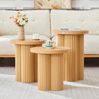 Nesting Coffee Table Set of 3, Fluted Round Nesting Tables Mid Century Modern Coffee Table Boho Wooden Accent End Table Set for Living Room Home Office Small Space