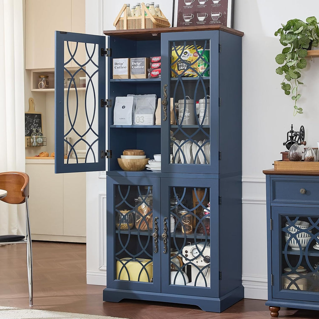 Joaxswe 67" Tall Pantry Cabinet Set of 3, Vintage Kitchen Pantries Cabinets with Glass Doors & Adjustable Shelves, Wood Cupboard with Large Storage for Dining Room, Bathroom, Navy Blue