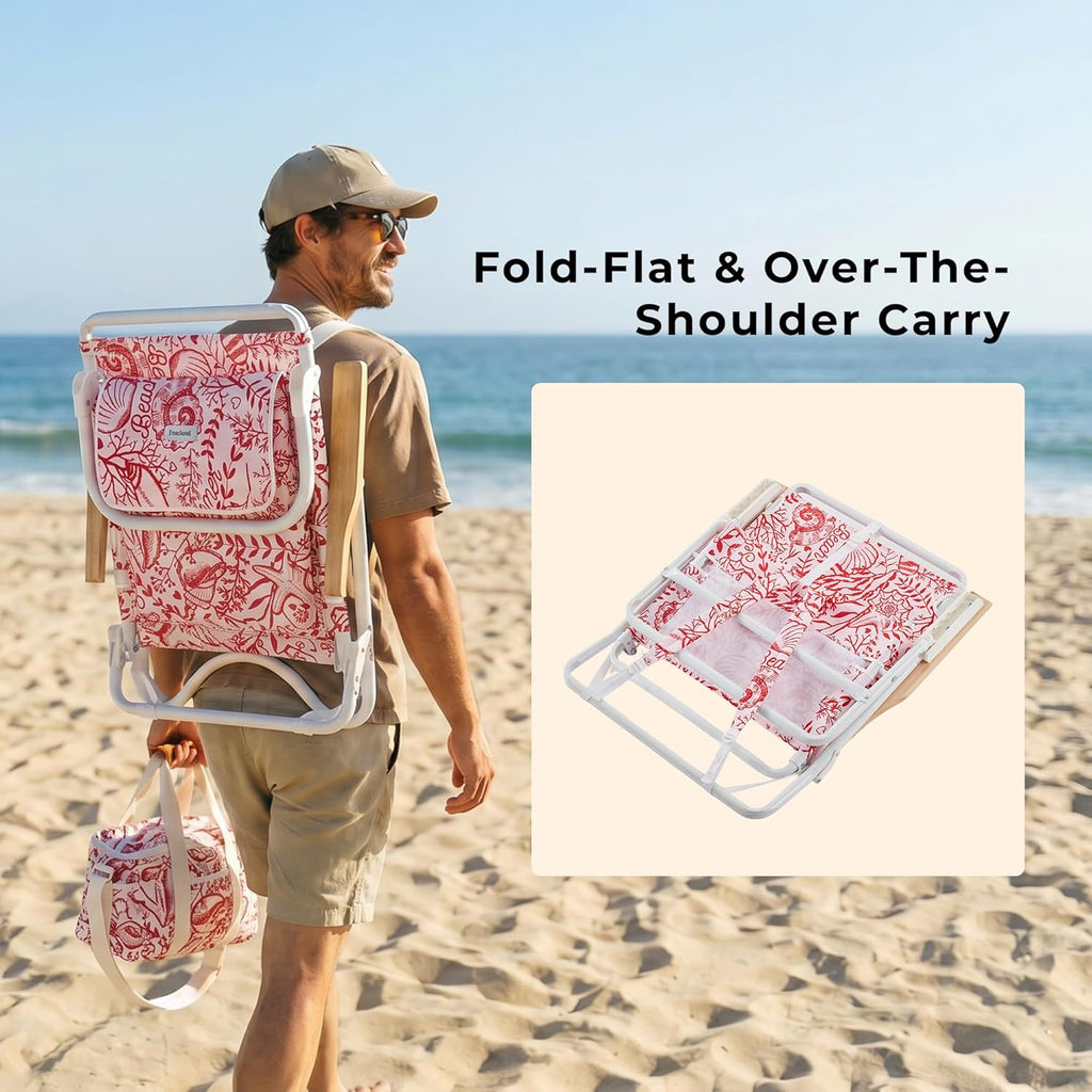 5-Position Low Beach Chair, Portable Lightweight Folding Beach Chair with Wooden Armrests, Storage Pouch & Carry Strap, Coastal Beach Print – Reef Crimson