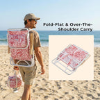 5-Position Low Beach Chair, Portable Lightweight Folding Beach Chair with Wooden Armrests, Storage Pouch & Carry Strap, Coastal Beach Print – Reef Crimson