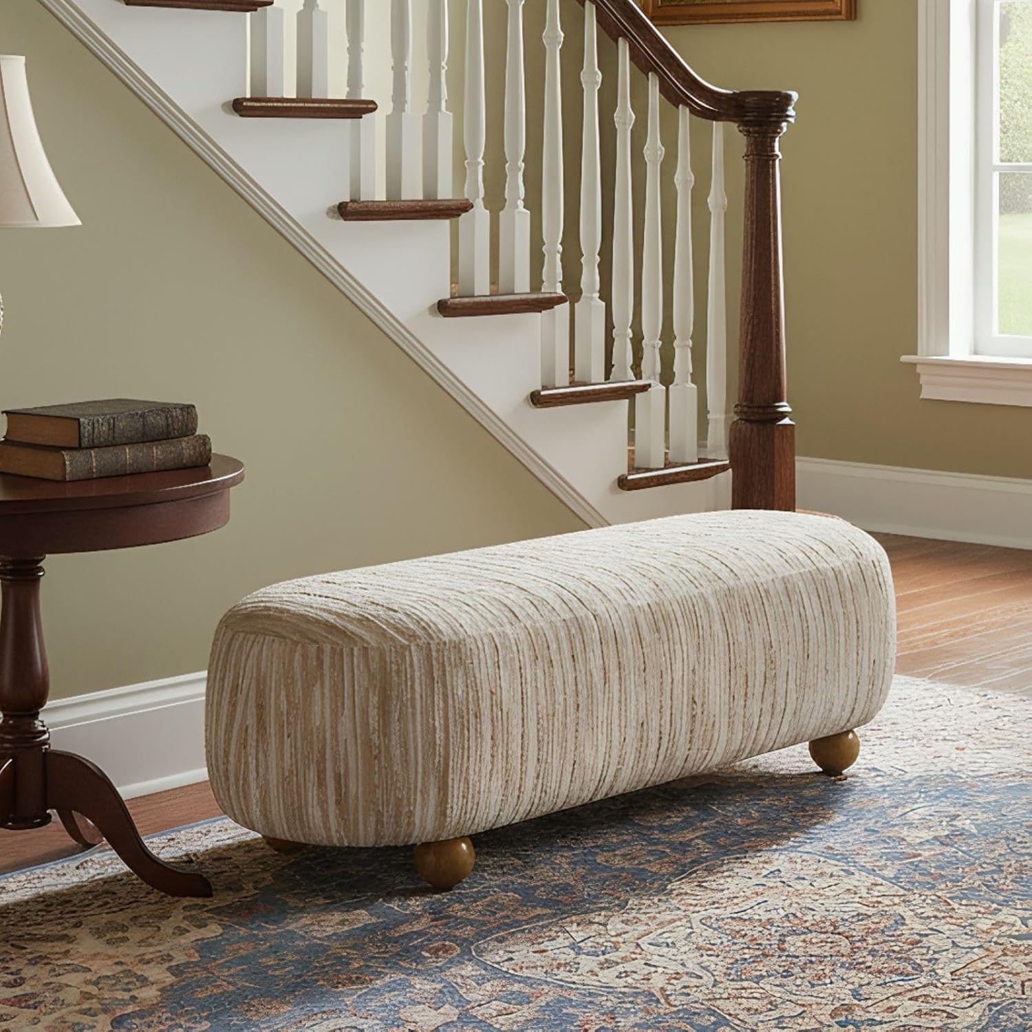 Hyfirm 54" Oatmeal Linen Upholstered Bench – Beige End of Bed Ottoman with Round Solid Wood Legs, Long Oval Footstool for Entryway & Hallway, Padded Seat (No Back)