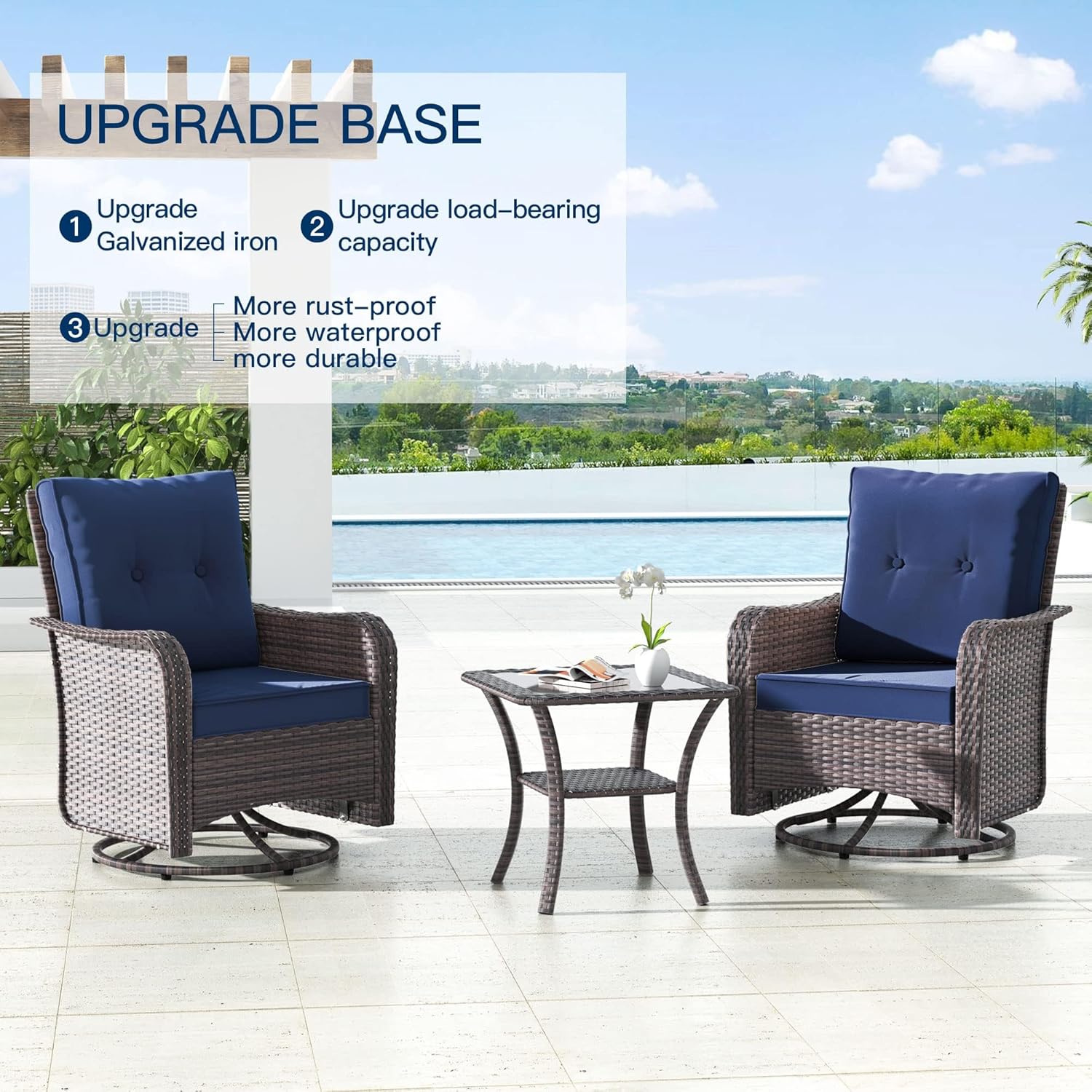 Kullavik 5 Pieces Outdoor Swivel Chairs Set,Patio Wicker Rocker Chairs with 4" Thick Cushions,Side Table and Ottomans,Patio Conversation Furniture Set for Patio Porch Deck Backyard,NavyBlue