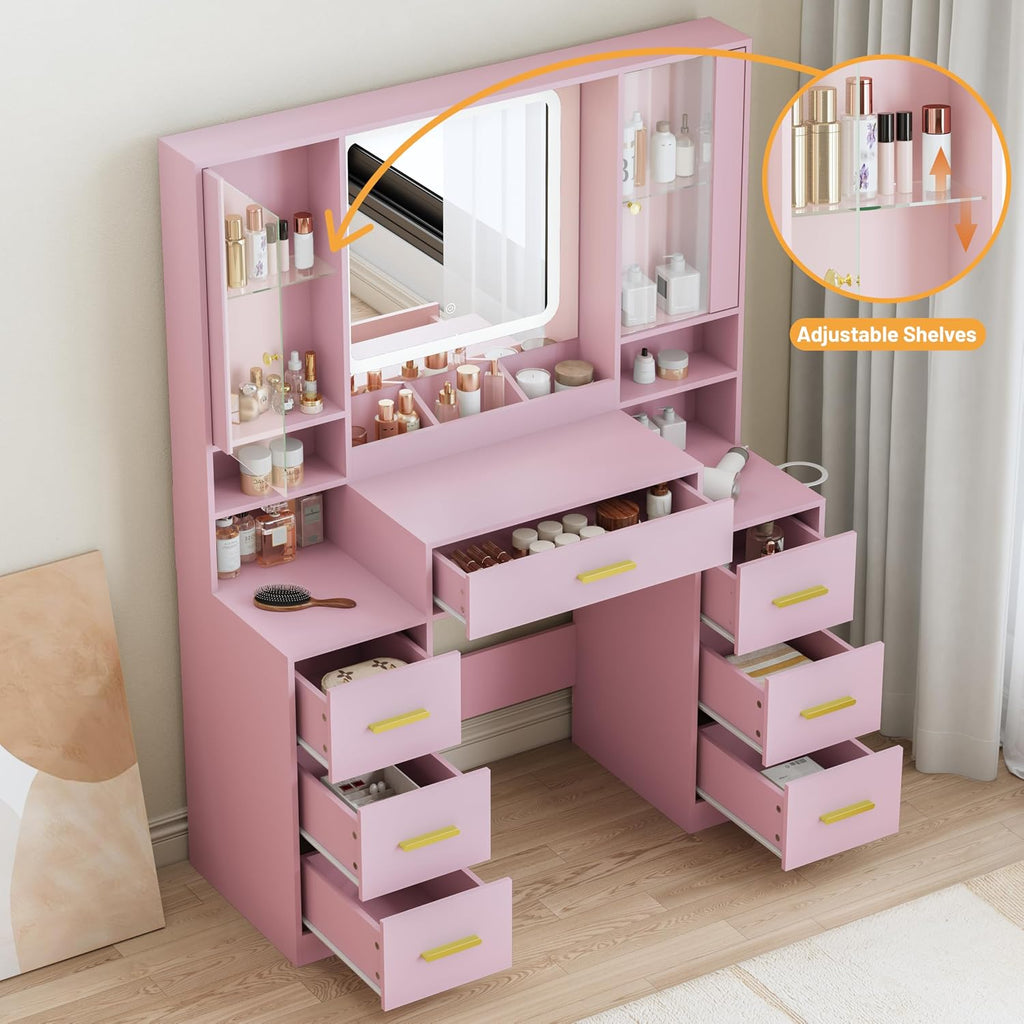 BORNOON Vanity Desk with Mirror and Lights, Makeup Vanity with 7 Drawers, 2 Glass Door Cabinets, Charging Station, Adjustable Shelves, RGB Lighting, Holder