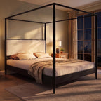 Merax Black Queen Size Canopy Bed Frame with Boucle Headboard and 4 Poster