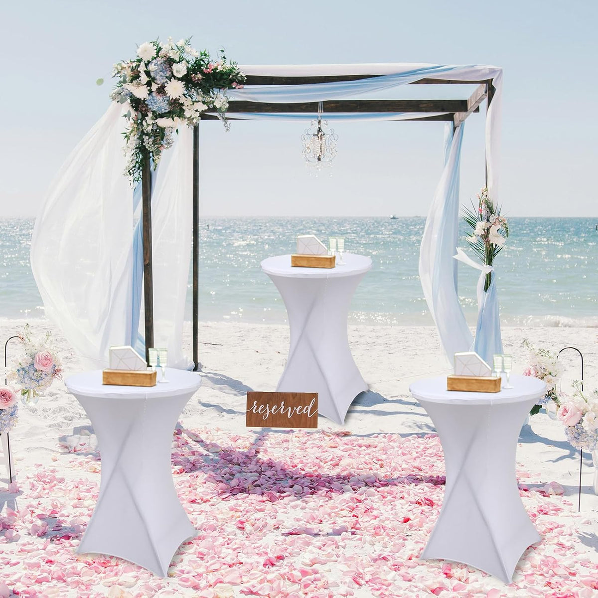 Wenqik 4 Pcs 32'' High Top Cocktail Table White Round Bar Height Folding Table with Removable Legs and 4 Pcs 32x43'' Cocktail Tablecover Spandex Stretch