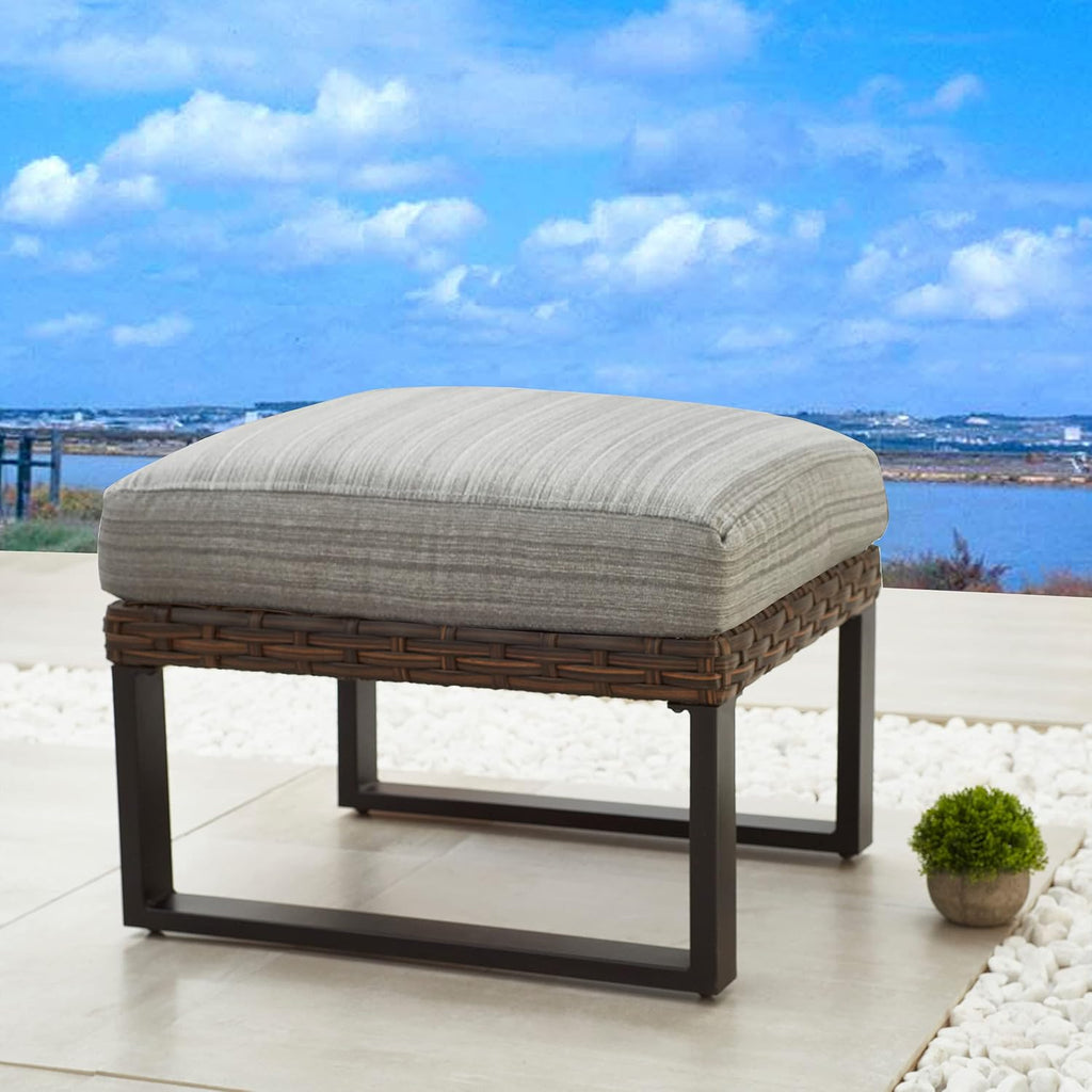 LOKATSE HOME Patio Ottoman Wicker Outdoor Footstool Rest Small Seat Rattan Furniture Cushioned Coffee Table Steel U-Shape Legs for Garden Yard Lawn Deck Poolside