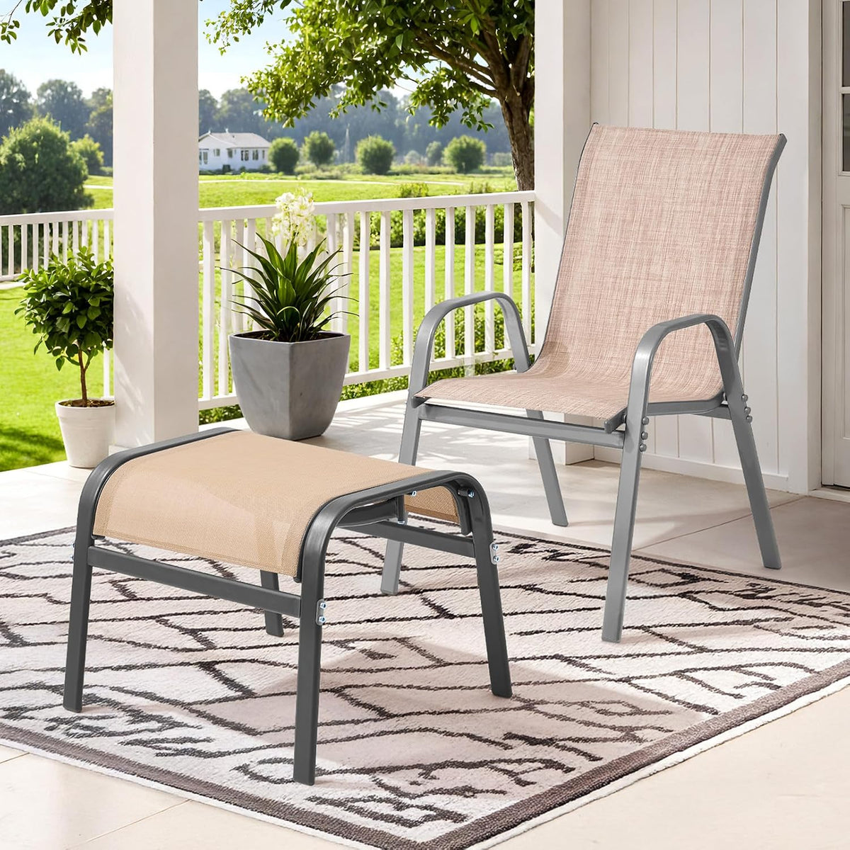 ONBRILL Outdoor Ottoman Set of 2, Oversized Outdoor Foot Rest, Beige | Stackable, All Weather Outdoor Foot Stool, Supportive Textliene, Metal Frame, Patio Garden Pool Furniture