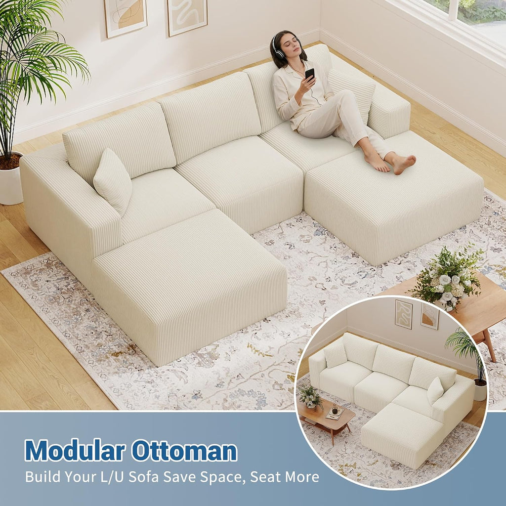 40" Oversized Square Corduroy Ottoman Pouf - Poofy Soft Foot Rest with Foam Chunk Filling, Movable Large Ottoman Pouf Footstool for Living Room Sofa Couch Bedroom, Beige (1 Piece)