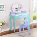 Vanity Set with Lights & Mirror, Wooden Dressing Table and Chair | 2 in 1 Ocean Theme Makeup Table and Stool Set, Little Girls Princess Pretend Play Set, Accessories, Kids Vanity for Birthday
