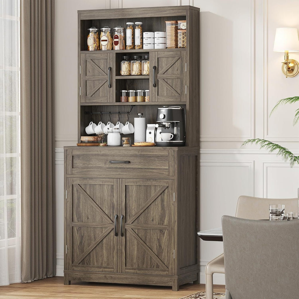 kepptory 69" Farmhouse Pantry Cabinet with Large Drawer, Tall Kitchen Pantry Storage Cabinet with Microwave Stand, Cup Holder and Adjustable Shelf, Kitchen Hutch for Dining Room (Grey)