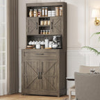kepptory 69" Farmhouse Pantry Cabinet with Large Drawer, Tall Kitchen Pantry Storage Cabinet with Microwave Stand, Cup Holder and Adjustable Shelf, Kitchen Hutch for Dining Room (Grey)