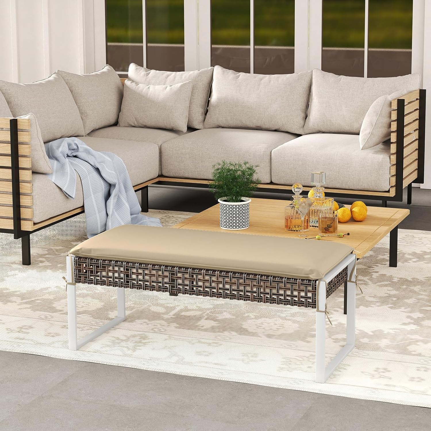 Tangkula Outdoor Ottoman, Patio Rattan Heavy Duty Wicker Footrest with Soft Cushion & Metal Frame, Extra Seating, for Porch, Backyard, Lawn and Poolside (1)