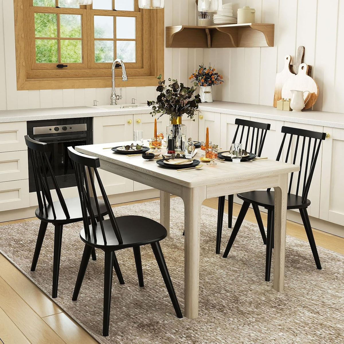 GOFLAME Windsor Dining Chairs Set of 2, Farmhouse Kitchen Chairs with Rubber Wood Frame, Slat Spindle Back, Armless Side Chairs for Dining Room, Living Room, Restaurant
