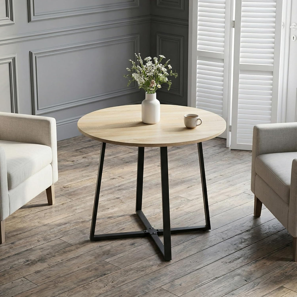 IDS Home 35.4” Round Dining Table for 2, Modern Nordic Kitchen Table, Light Wood Grain Top with Black Metal Base, Small Space Apartment Table, Coffee Table for Dining Room &Living Room, Natural