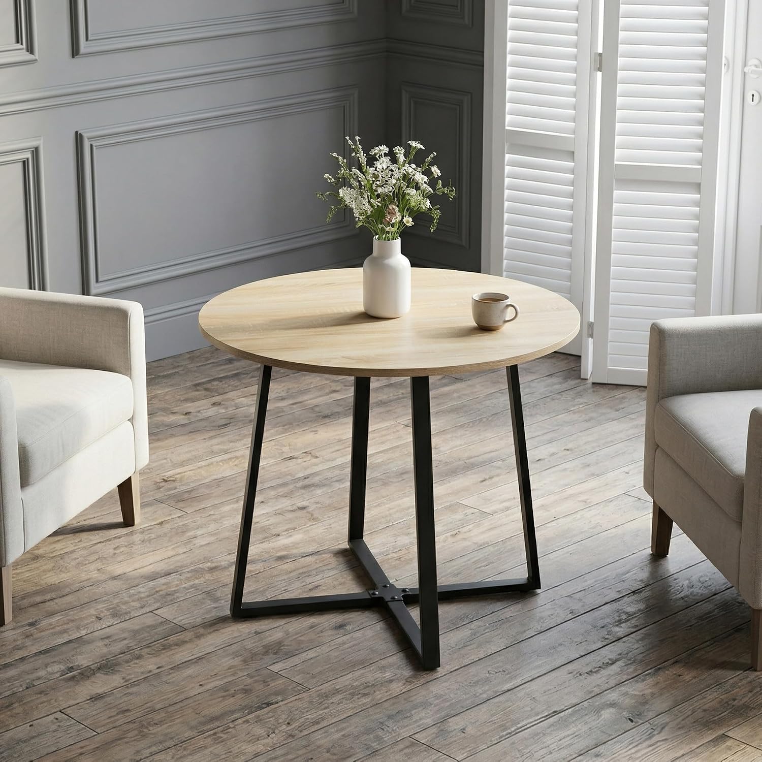 IDS Home 35.4” Round Dining Table for 2, Modern Nordic Kitchen Table, Light Wood Grain Top with Black Metal Base, Small Space Apartment Table, Coffee Table for Dining Room &Living Room, Natural