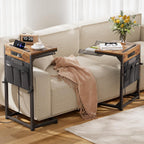 Simple Trending Side Table, C Shaped End Table with Charging Station, Couch Table with Storage Bag, Adjustable Height, Rustic Brown