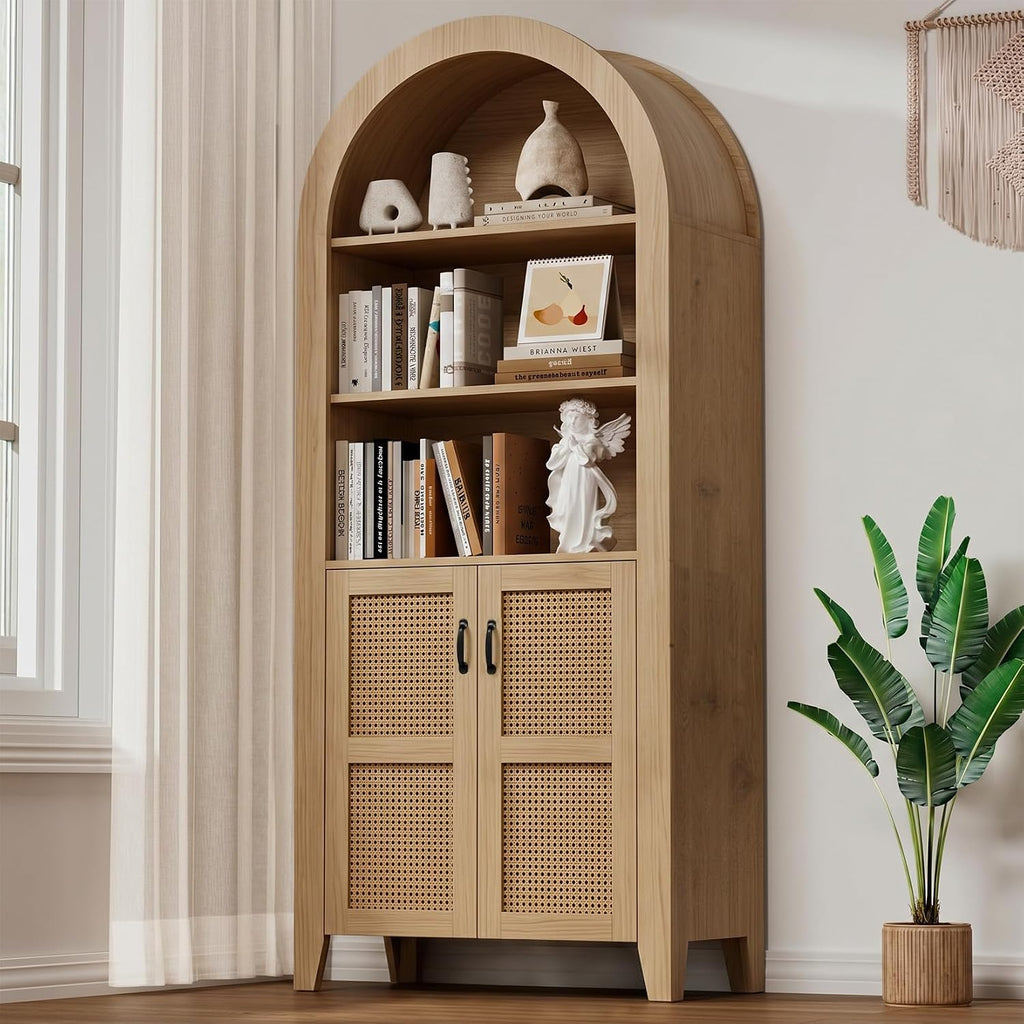 Arched Pantry Cabinet, 71" Kitchen Pantry Cabinet with Adjustable Shelf, Wood Storage Cabinets Anti-Tipping, Farmhouse for Living Room, Dining Room (Rattan Natural)