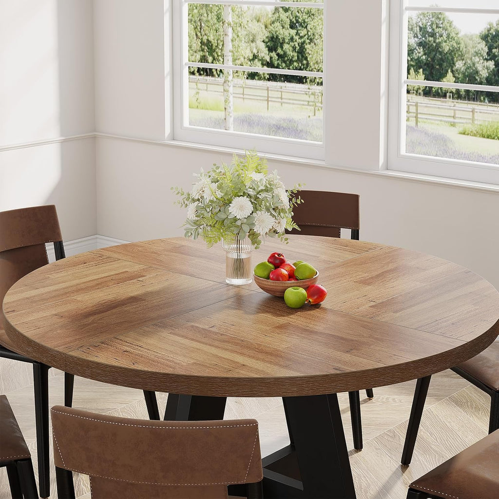 Tribesigns 47 inch Round Dining Table Wood Kitchen Table for Dining Room, 47" Dinner Room Tables for 4-6, Farmhouse Accent Furniture with Wooden Tabletop and Cross Base, Brown+Black