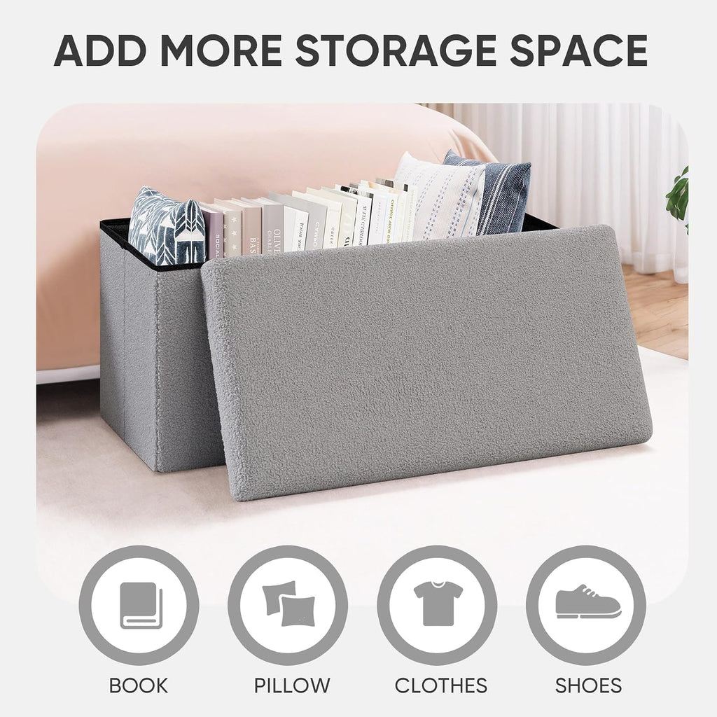 PINPLUS Folding Storage Ottoman Bench, Sherpa Ottoman with Storage, Large Long Shoes Bench Chest with Lid, Footrest for Living Room, Entryway, Grey 30'' x 15'' x 15''