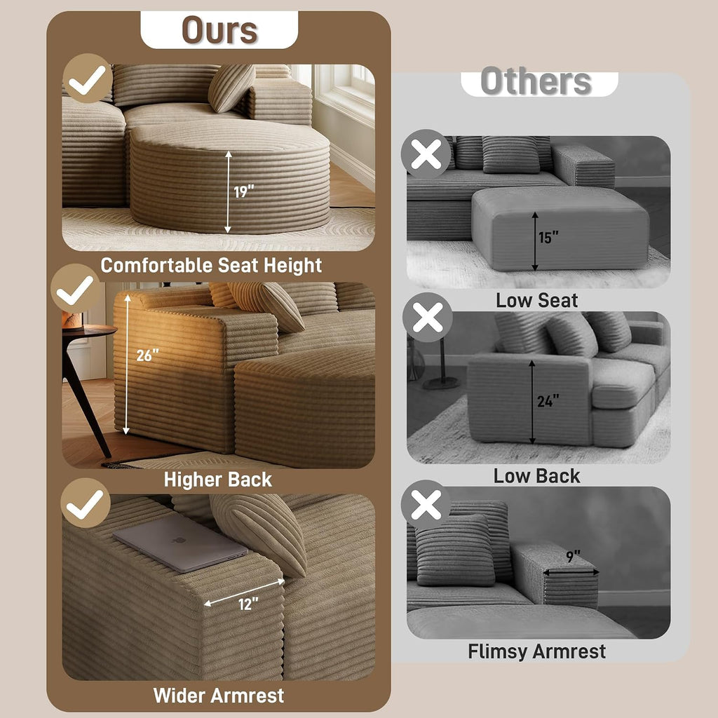 108" U-Shaped Couches for Living Room,Comfy Fluffy Cloud Sectional Couch with Curved Ottoman, Modern Plush Corduroy Deep Seat Modular Sectional Sofa for Small Spaces, Light Brown