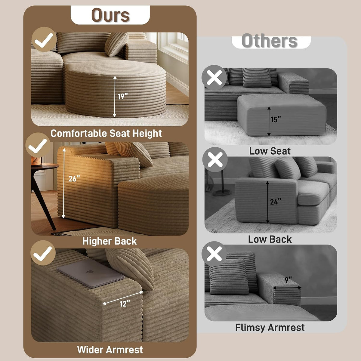 108" U-Shaped Couches for Living Room,Comfy Fluffy Cloud Sectional Couch with Curved Ottoman, Modern Plush Corduroy Deep Seat Modular Sectional Sofa for Small Spaces, Light Brown