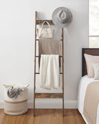 Hzuaneri Blanket Ladder for Living Room, Decorative Quilt Rack with 4 Removable Hooks, 5-Tier Farmhouse Ladder Holder Shelf Organizer for Bedroom, Rustic Brown and Black 02101BBR
