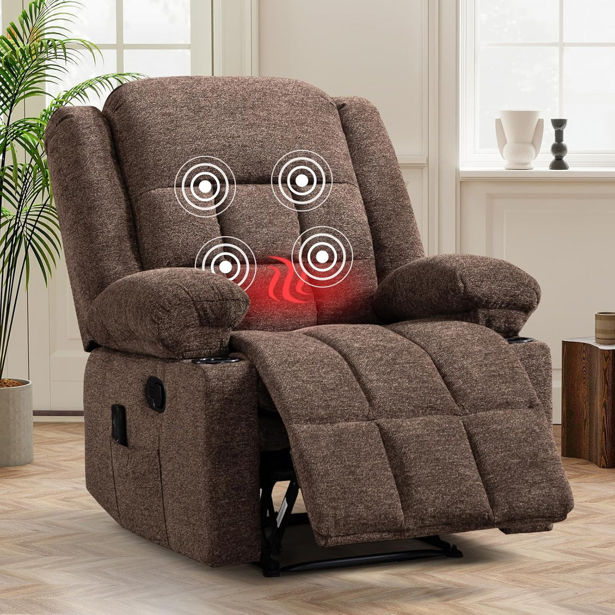 HAOMARKETS Manual Recliners with Massage and Heat for Adults, Classic Breathable Fabric Recliner Chair with 2 Cup Holders & Side Pockets, Overstuffed Heavy Duty Reclining Sofa for Living Room,Brown