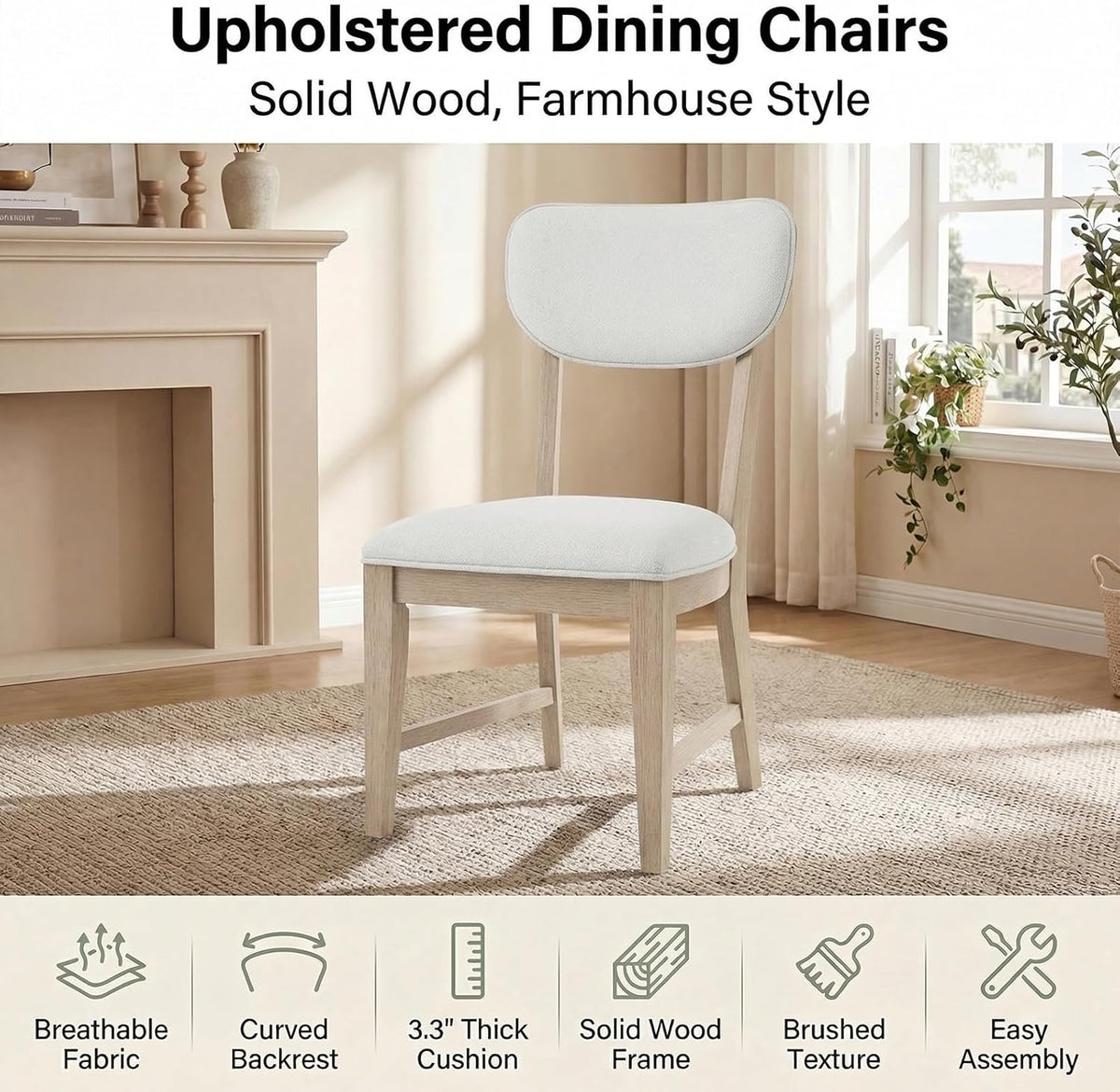 COLAMY Solid Wood Dining Chairs Set of 4, Mid Century Modern Upholstered Kitchen Chairs with 3.3" Thick Cushion & Anti-Slip Pads, Farmhouse Rubber Wood Dining Room Chairs, Oak Nature