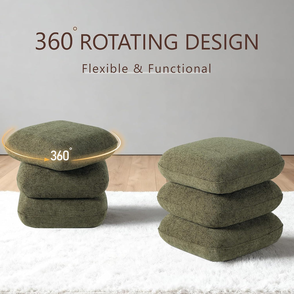 Get Set Style 360° Swivel Linen Ottoman, Modern Upholstered Foot Stool, Multifunctional Vanity Chair Accent Stool for Small Space, Living Room, Bedroom, Entryway, Olive Green