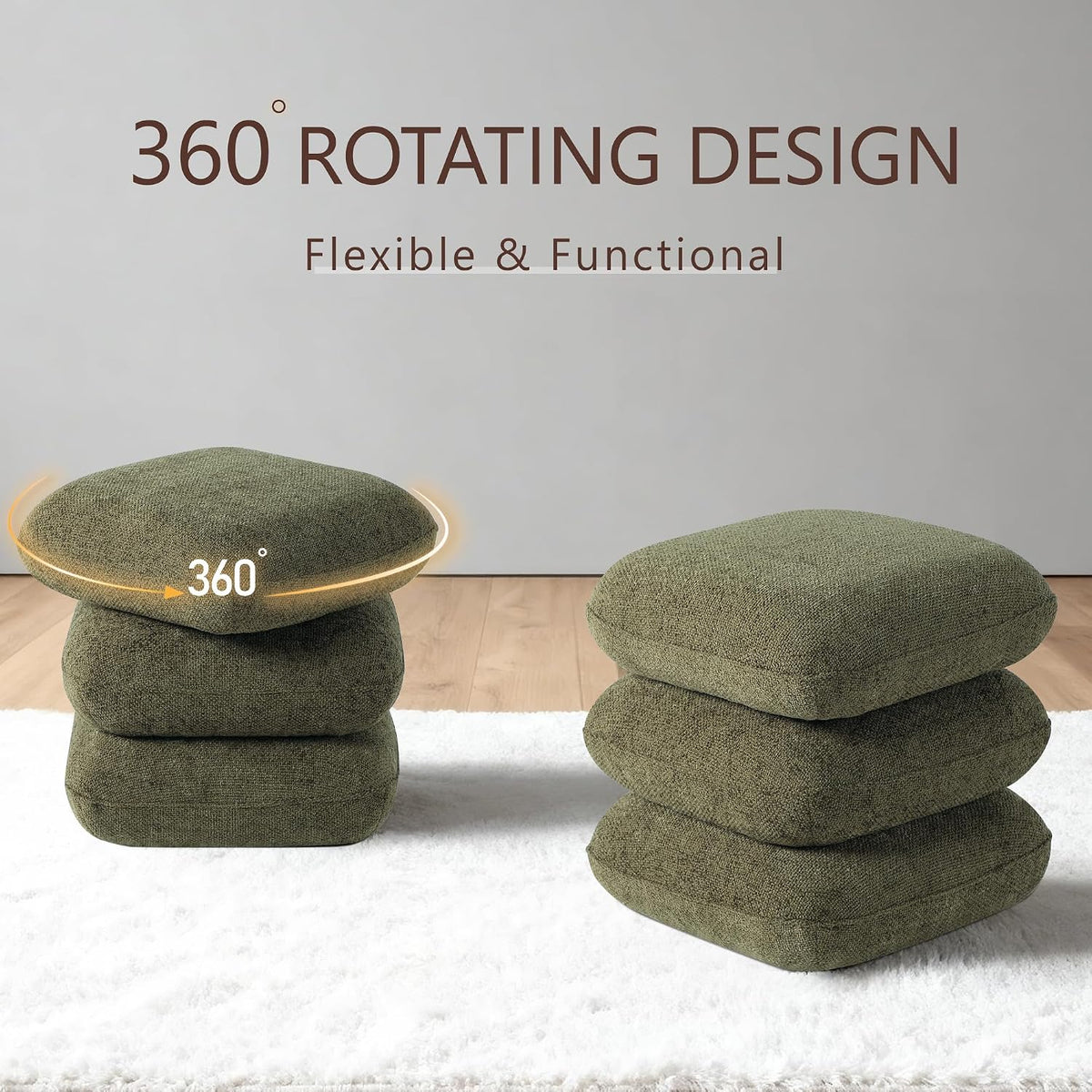 Get Set Style 360° Swivel Linen Ottoman, Modern Upholstered Foot Stool, Multifunctional Vanity Chair Accent Stool for Small Space, Living Room, Bedroom, Entryway, Olive Green