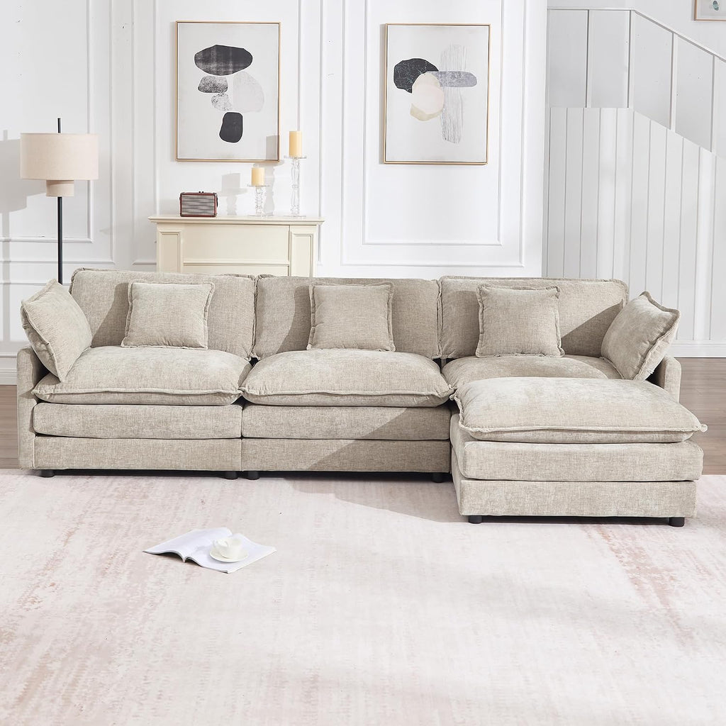 KIVENJAJA 111.5" W L Shaped Modular Cloud Sectional Sofa Couch for Living Room, Comfy Chenille Deep Seat 3 Seater Couch with Ottoman Chaise for Apartment Dorm, Camel