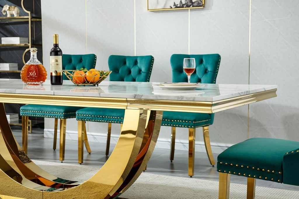 Henf 95 Inch White Faux Marble Dining Room Table for 4 6 8 10, Modern Gold Kitchen Table with U-Shape Stainless Steel Pedestal, Luxury Large Rectangle Dinner Tables for Kitchen, Dining Room