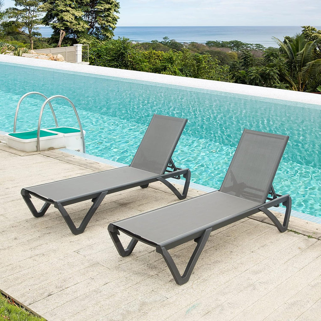 Domi Pool Lounge Chairs, Aluminum Patio Chaise Lounge Set of 2, 5 Position Adjustable Backrest and Wheels, All Weather Outdoor Lounge Chairs for Beach, Yard, Balcony, Poolside, Gray