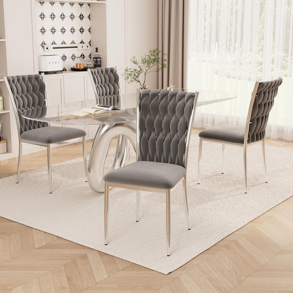 Velvet Dining Chairs Set of 4, Modern Upholstered Kitchen Chairs with Silver Metal Legs, Woven Velvet Fabric and High Back, Dirt Resistance, Easy to Assemble, for Home, Living Room - Dark Grey