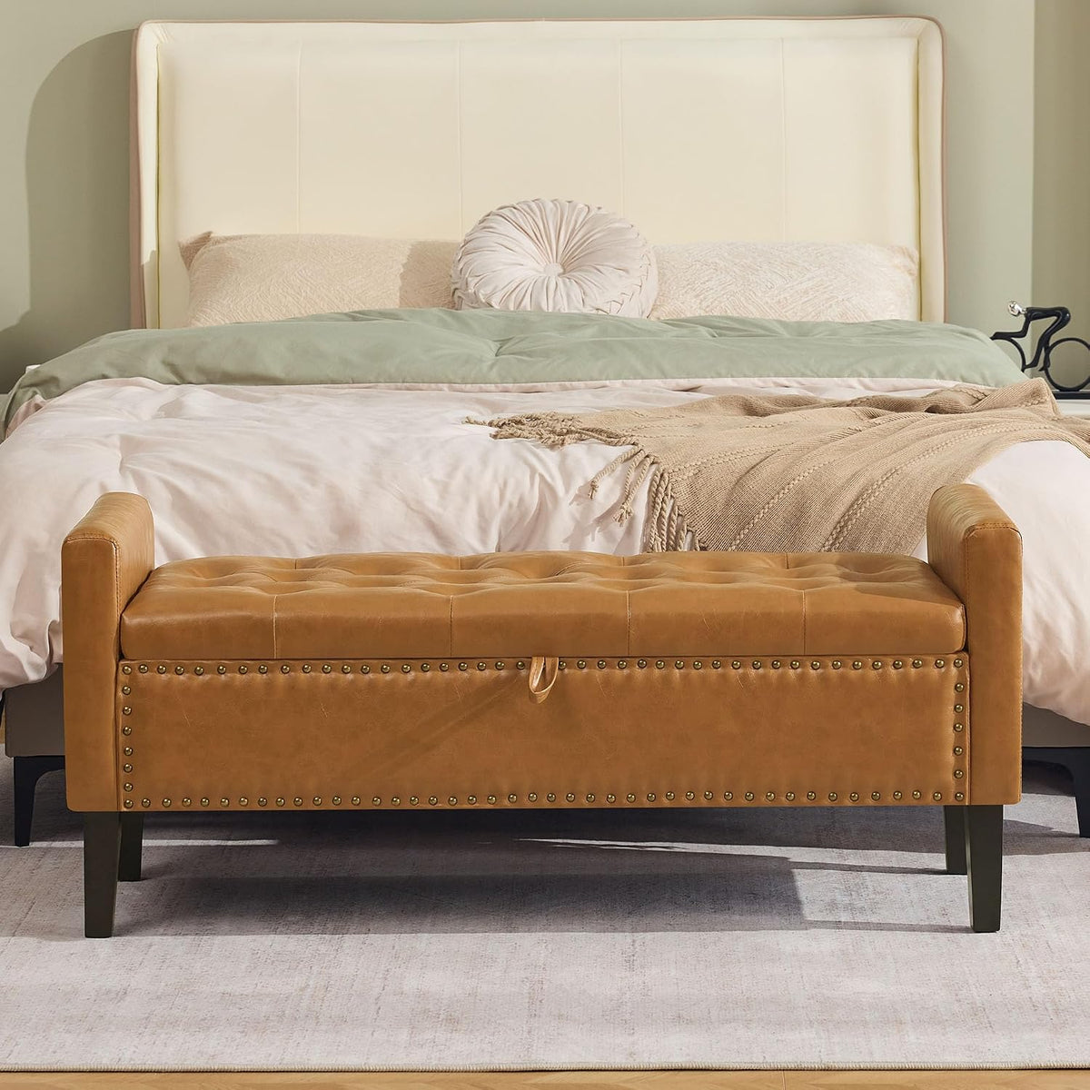 WUTUTUEE 47" Modern Water-Resistant Faux Leather Storage Ottoman Bench with Wooden Legs, Upholstered End of Bed Bench for Bedroom, Living Room or Entryway, Light Brown