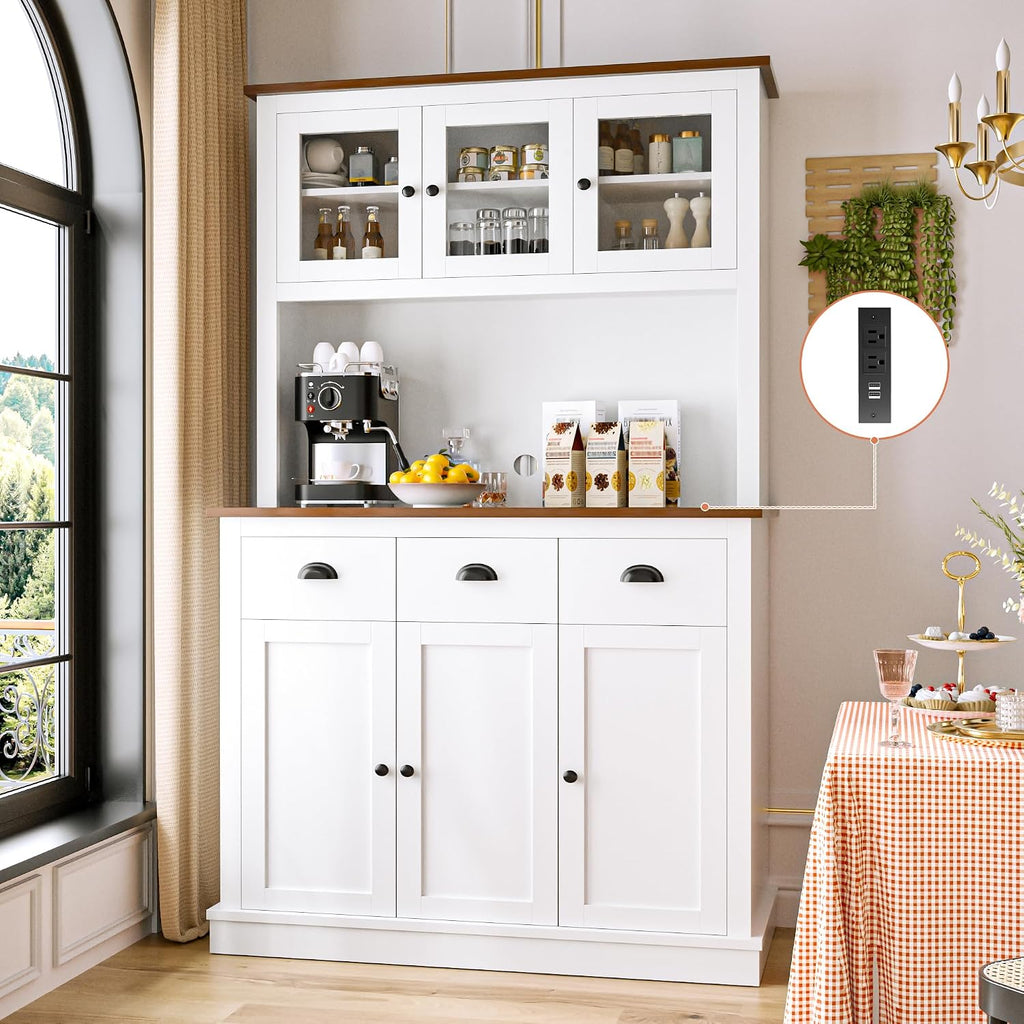 MU 71" Kitchen Pantry Cabinet with Charging Station, Tall Pantry Hutch with Drawers, Countertop & Microwave Shelf, Food Storage Cabinet for Dining Room & Coffee Bar, White