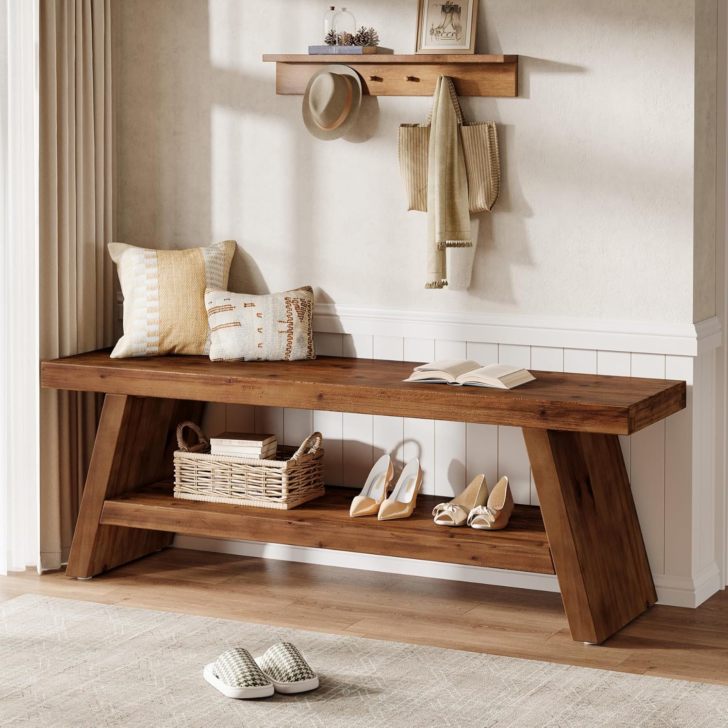 Solid Wood Entryway Bench, 2-Tier Wooden Storage Bench, Farmhouse Indoor Shoe Bench Seat for Entry, Living Room, Dining Room, Bedroom (Brown)