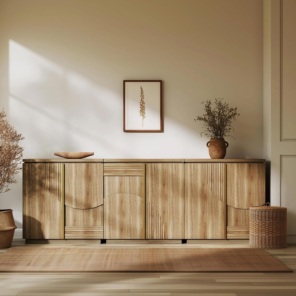 BELLEZE 94'' Mid Century Modern Sideboard Cabinet, Wood Arched Accent Buffet Cabinet with Storage, Credenza Console Table for Dining Room, Kitchen, and Living Room Hallway (Camel)