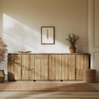BELLEZE 94'' Mid Century Modern Sideboard Cabinet, Wood Arched Accent Buffet Cabinet with Storage, Credenza Console Table for Dining Room, Kitchen, and Living Room Hallway (Camel)