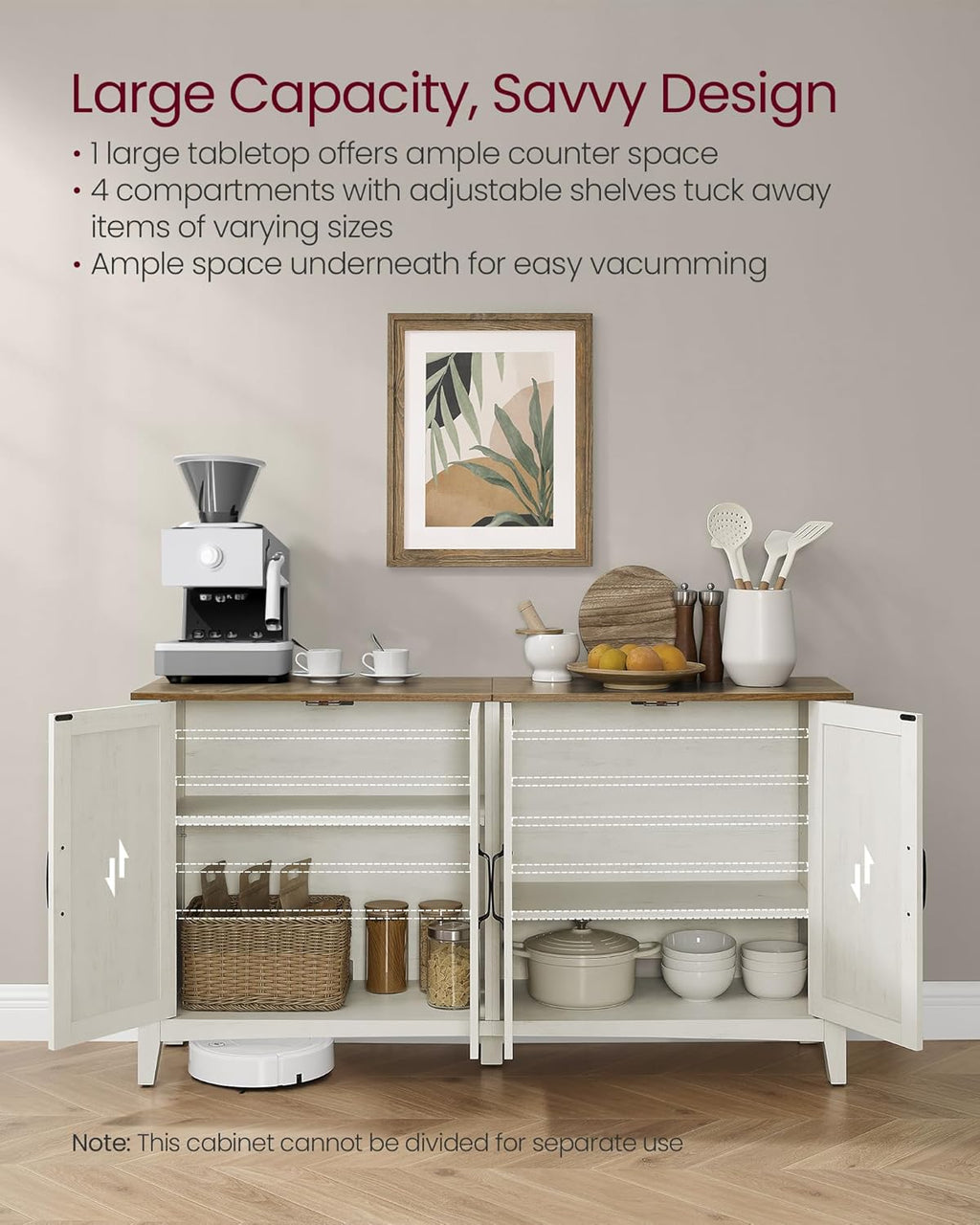 VASAGLE Buffet Cabinet, Coffee Bar, Adjustable Shelf | Sideboard Storage with Cable Hole, Rustic White and Honey Brown, LIRY Collection ULSC381W01
