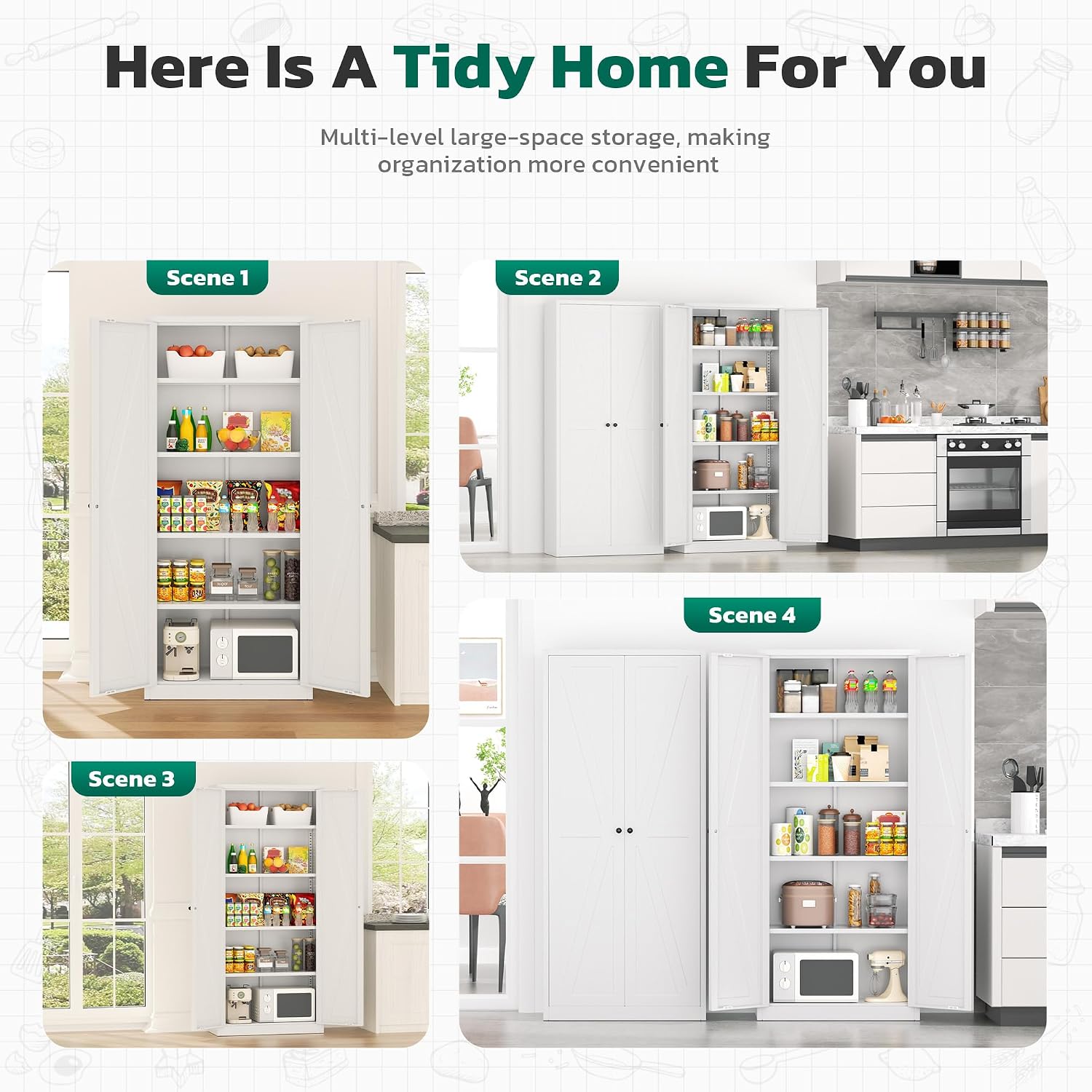Greenvelly Metal Pantry Cabinet, 63” White Kitchen Pantry Cabinet with Doors and 4 Shelves, Tall Kitchen Cupboard for Laundry Room,Living Room,Dinning Room (Farmhouse)