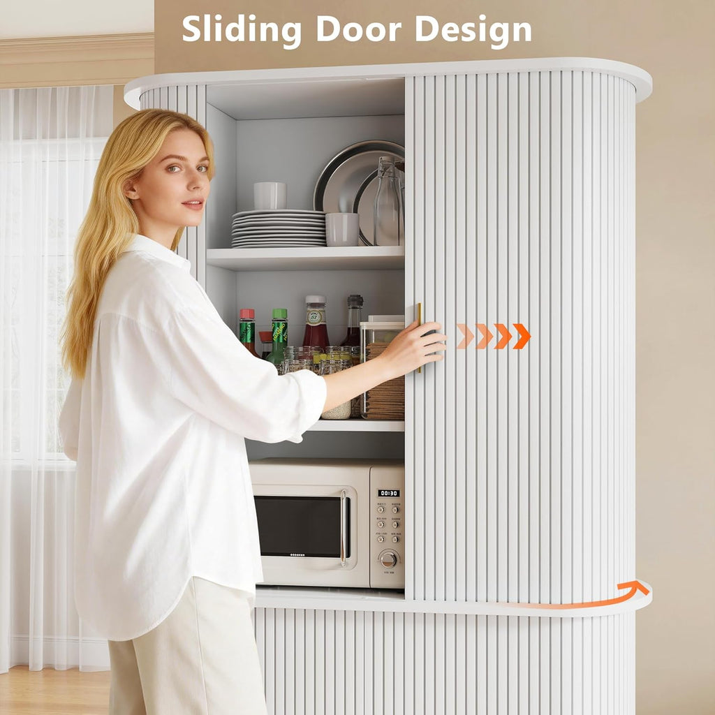 iPormis Kitchen Pantry with Sliding Doors, Tall Modern Curved Pantry Storage Cabinets with Drawer & Pull Out Shelves, 64-Inch Freestanding Wood Cupboard for Kitchen Dining Room Living Room, White